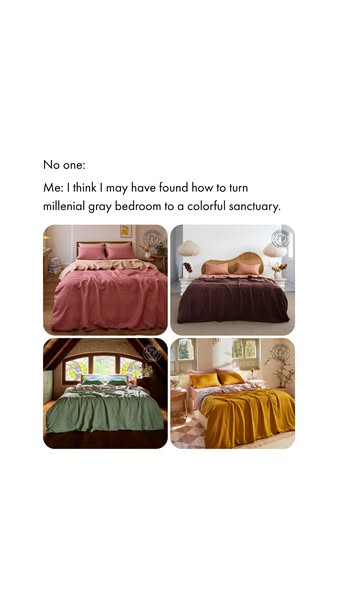 This image ad uses a meme format to showcase colorful bedding options as an alternative to the stereotypical millennial 