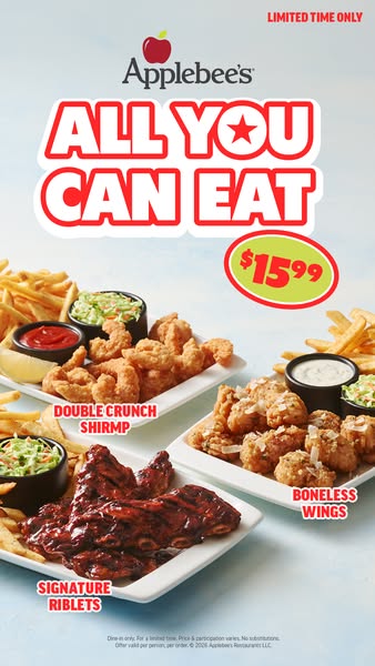 This image ad is for Applebee's, promoting their all-you-can-eat special for $15.99. The ad features images of doubl