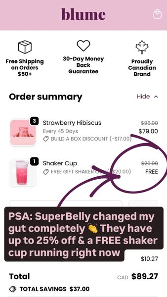 This ad features a screenshot of an order summary from Blume, highlighting a discount on Strawberry Hibiscus and a free 