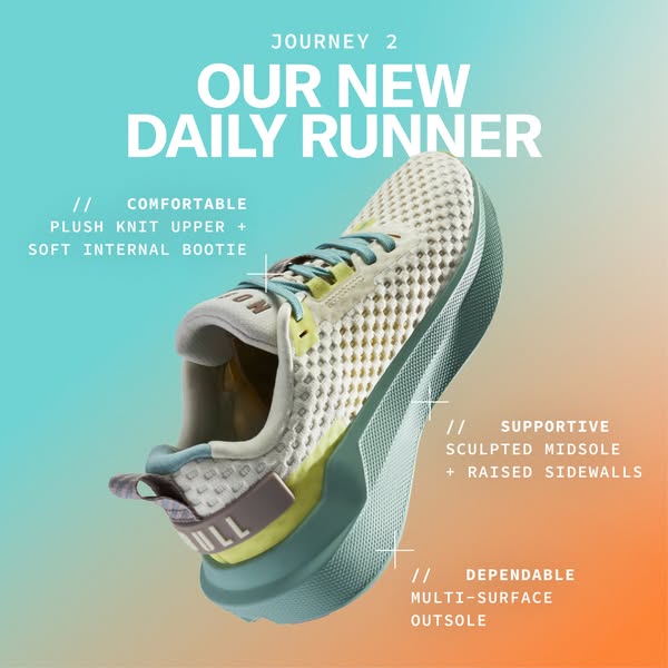 This ad highlights the features of the new NOBULL daily runner shoe. It features a detailed image of the shoe and uses c