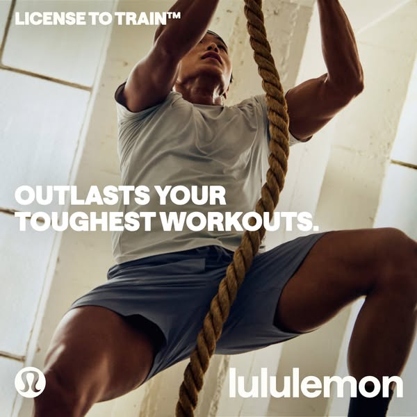 This ad for Lululemon features a man climbing a rope to demonstrate the durability of the brand's workout apparel.