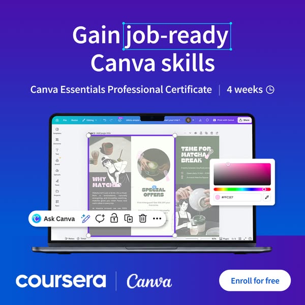 The ad promotes Canva skills that prepare people for jobs, emphasizing the Canva Essentials Professional Certificate, an