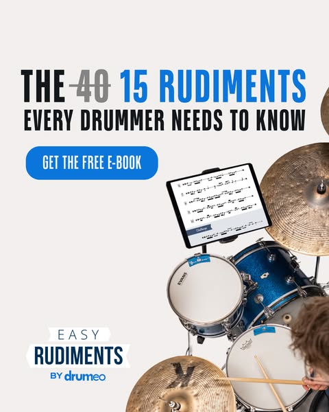 This ad promotes a free e-book that will provide drummers with an easy guide to rudiments.