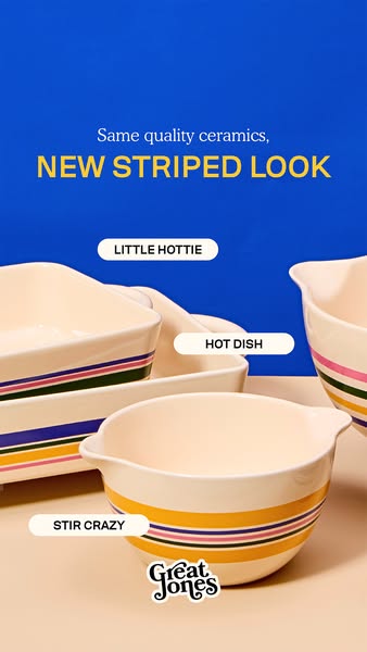 This image ad showcases Great Jones' ceramic serving dishes in a new striped design. It highlights the products with