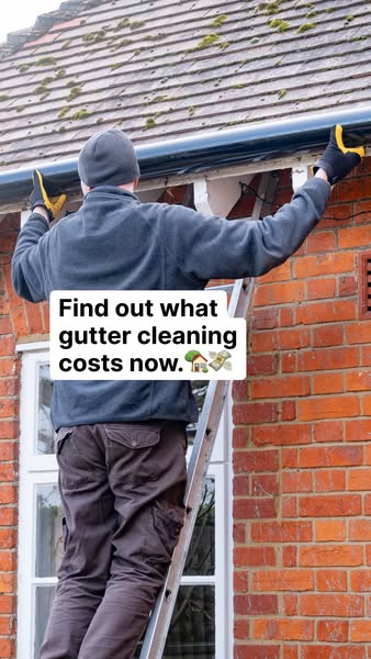 This image ad aims to highlight how much gutter cleaning costs, with a picture of a man climbing a ladder to clean gutte