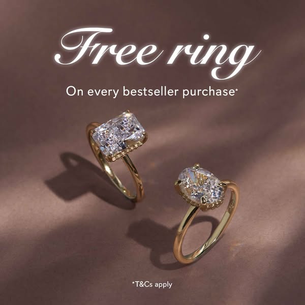 This ad promotes a jewelry brand by offering a free ring with every purchase of a bestseller item. The ad features two g