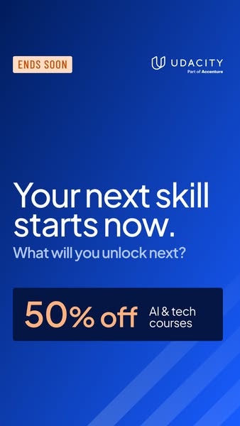Udacity ad promoting a 50% discount on AI and tech courses.