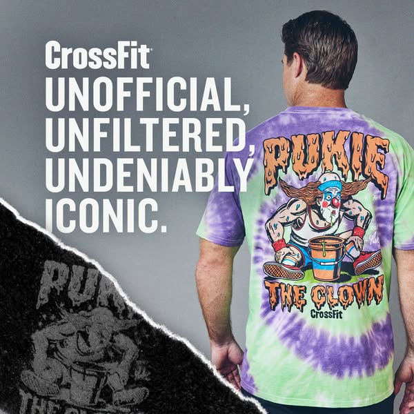 This image ad for CrossFit features a man wearing a tie-dye t-shirt with a clown graphic on the back. The ad uses bold t