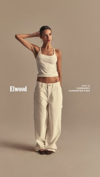 This ad showcases Elwood's new corduroy carpenter pant. The ad features a model wearing the pants with a cream tank 