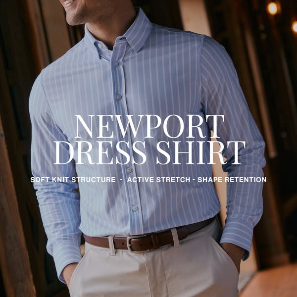 This ad showcases a man wearing a striped, button-down dress shirt with descriptive text that highlights the shirt's