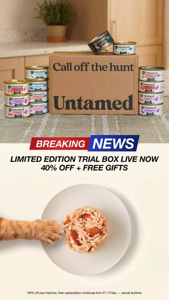 This image ad promotes Untamed cat food by highlighting a limited-edition trial box offer with a discount and free gifts