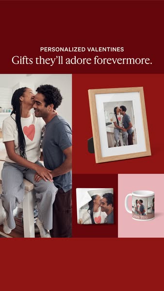 This image ad promotes personalized Valentine's Day gifts, featuring a young couple in a loving pose and showcasing 