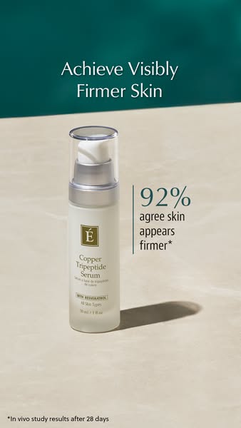This ad showcases the Copper Tripeptide Serum from the brand 'É' while highlighting its skin-firming benefits an