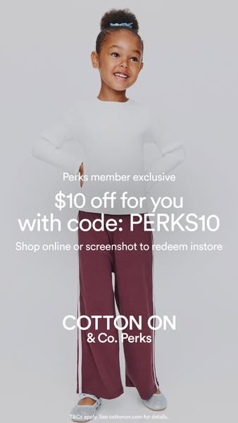 This ad for Cotton On promotes their Cotton On & Co. Perks line by offering a discount to members. The image feature