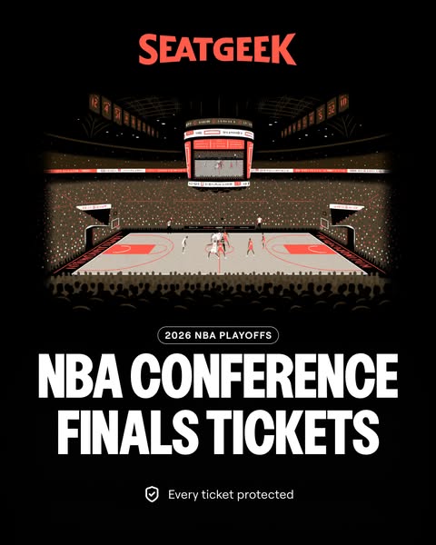 This image ad promotes tickets for the 2026 NBA Conference Finals via SeatGeek and emphasizes the protection of every ti
