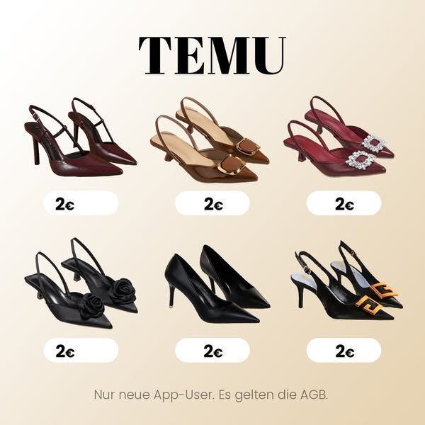 This is an image ad for TEMU that features six different styles of heels, all priced at 2€ each. It specifies that the p