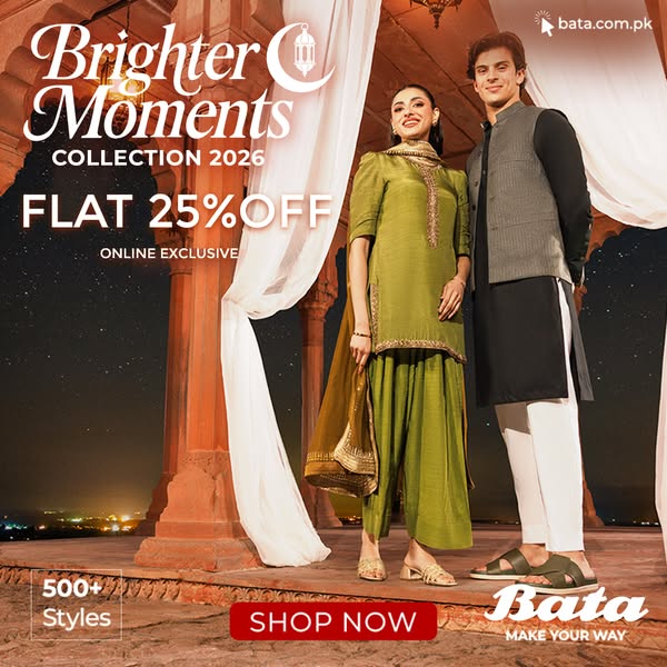 This image ad for Bata promotes their Brighter Moments Collection 2026 with a 25% off online exclusive offer. The ad fea