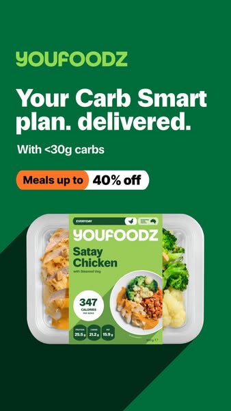 This ad promotes Youfoodz's carb smart plan, highlighting that it includes less than 30g of carbs and offering meals