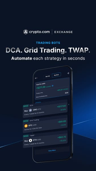 The ad promotes the use of trading bots on the crypto.com exchange for DCA, Grid Trading, and TWAP strategies. The ad fe