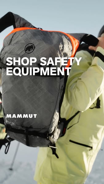 This ad promotes Mammut safety equipment, specifically a backpack, for outdoor activities like skiing. The ad features a