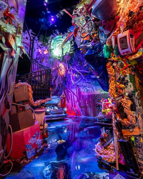 This ad features a photo of the Robot Restaurant in Tokyo, Japan. The restaurant is known for its colorful and chaotic i