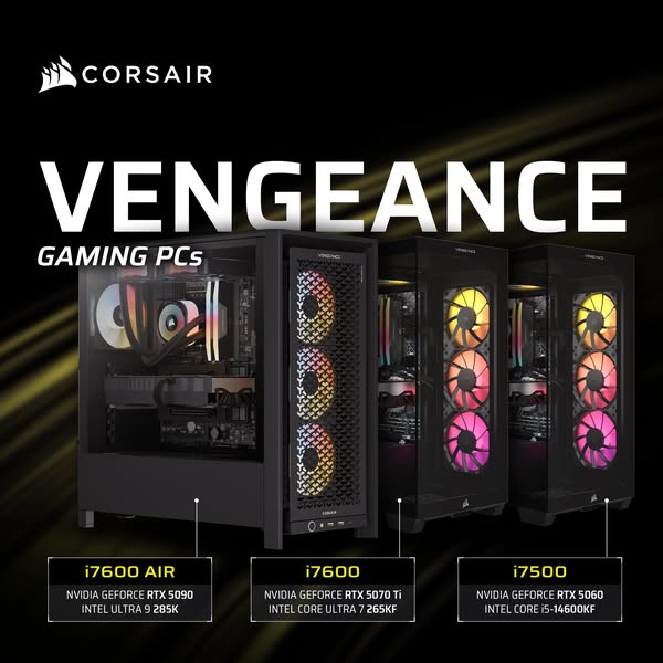 This ad features three versions of Corsair Vengeance Gaming PCs, highlighting their different specifications and perform