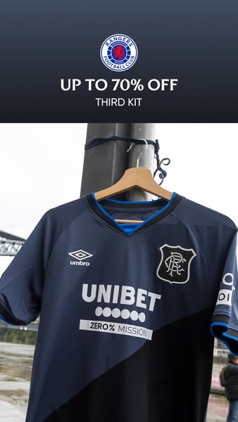 This image ad promotes a sale on the Third Kit for Rangers Football Club, offering up to 70% off.