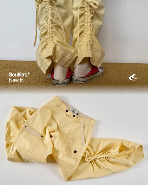 This ad features an image showcasing the brand's new arrivals - yellow ruched pants. The pants are shown in a full-b