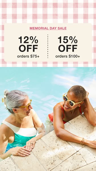 This image ad features two women in a pool, advertising a Memorial Day sale. The offer is for 12% off orders of $75 or m