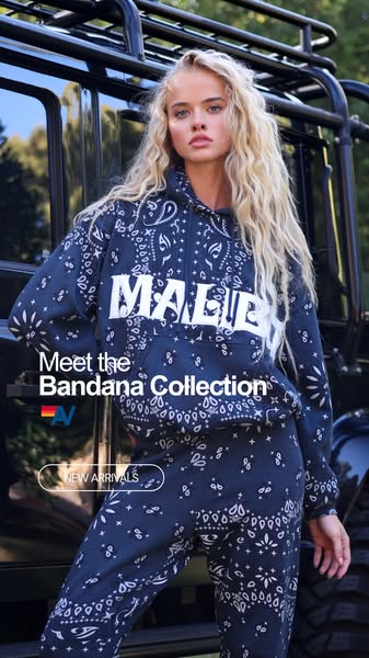 Ad for Aviator Nation's Bandana Collection, featuring a model wearing a matching hoodie and sweatpants.