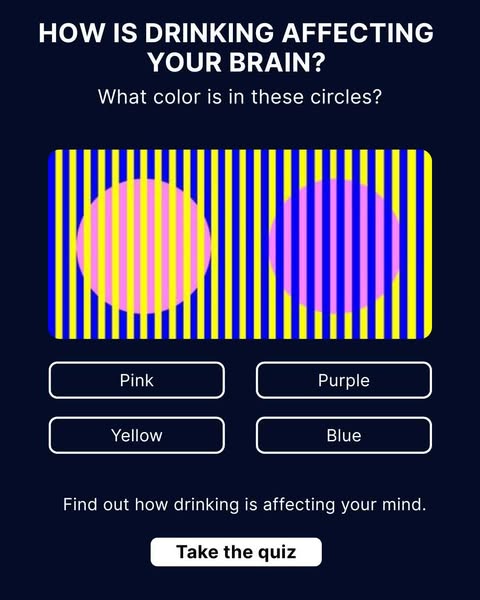 The ad shows an illusion and asks the user to identify what color the circles are in the illusion. The ad then prompts t