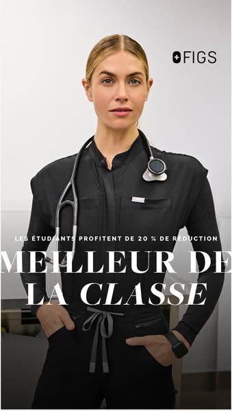 This ad for FIGS features a medical professional wearing FIGS scrubs. The ad promotes a 20% discount for students.