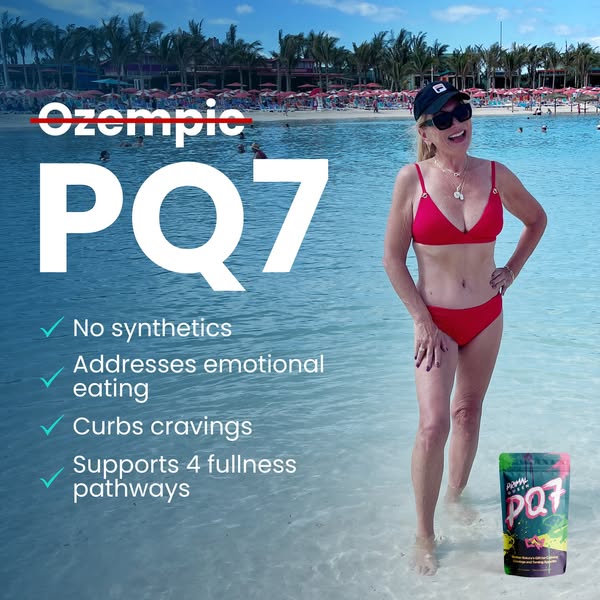 This image ad is promoting PQ7 weight loss supplement by highlighting its benefits, such as addressing emotional eating 