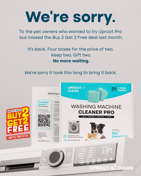This image ad from Uproot Clean apologizes for taking so long to bring back their Buy 2 Get 2 Free deal, which is being 