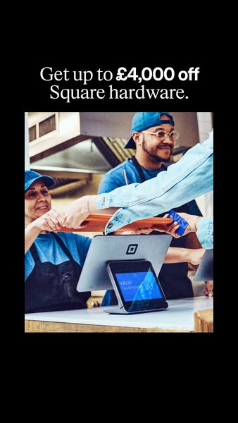 This ad for Square hardware shows a customer paying at a business using the Square point of sale system. The ad highligh