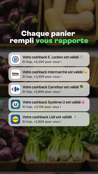 This ad promotes a cashback program that rewards users for shopping at various grocery stores. The ad simulates a mobile