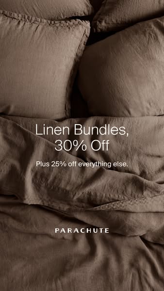 This image ad for Parachute promotes a discount on linen bundles and everything else.