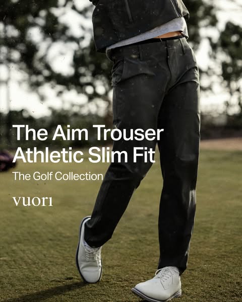 An advertisement for Vuori's Aim Trouser Athletic Slim Fit trousers, which are part of The Golf Collection. The imag