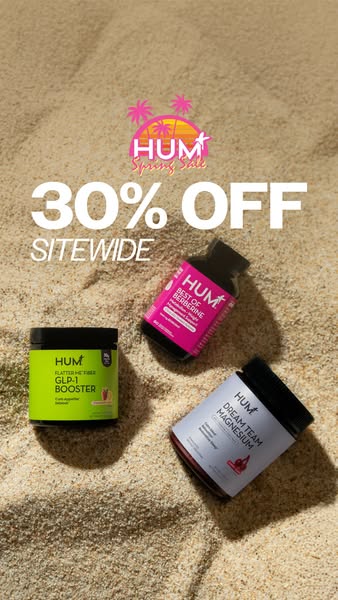 A vertical image ad on a beach setting promotes HUM Nutrition products. It advertises a site-wide 30% off Spring Sale.