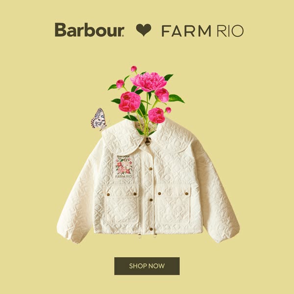 The ad features a collaboration between Barbour and FARM Rio for a quilted jacket. The jacket is styled with flowers eme