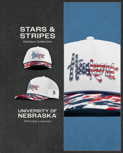 This image ad is for the University of Nebraska’s "Stars & Stripes Campus Collection." The ad features two