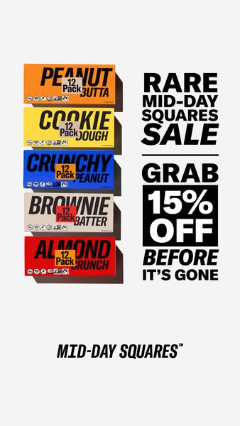 This image ad showcases the Mid-Day Squares brand's various flavors and promotes a limited-time sale of 15% off.