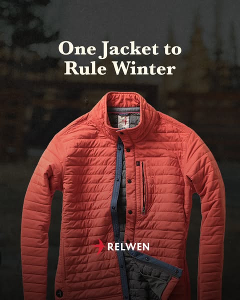 This ad showcases a quilted jacket from Relwen, emphasizing its versatility for winter weather.