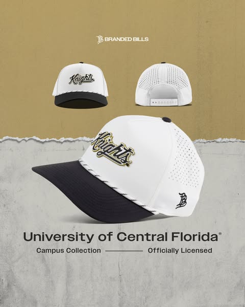 This ad showcases the University of Central Florida Campus Collection Branded Bills hat. The hat is white with a black b