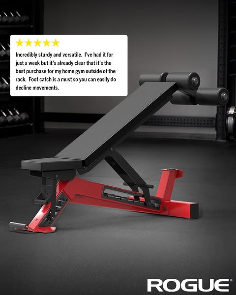This ad features a workout bench with a customer testimonial in the top left of the image.