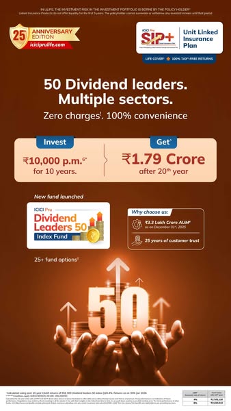 The ad promotes ICICI Pru Dividend Leaders 50 Index Fund, highlighting investment potential and tax-free returns.