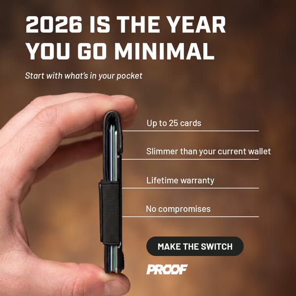 This ad uses a minimalist aesthetic to tout the benefits of Proof wallets: slimness, card capacity, lifetime warranty, a