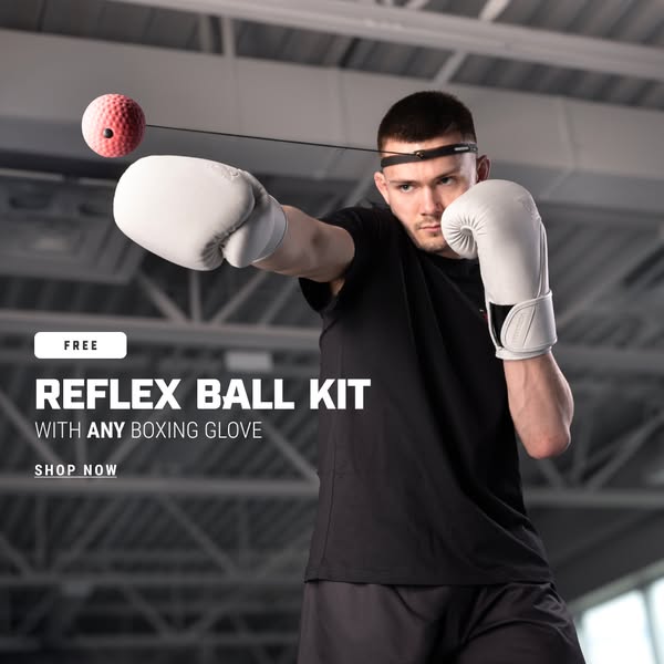 This ad promotes a deal for a free reflex ball kit with any boxing glove purchase. It features a boxer wearing a reflex 