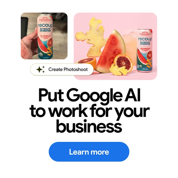 This image ad utilizes Google AI to create photoshoots for businesses. The ad showcases a can of Recoup Gut Healthy Hydr