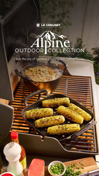 An ad for the Le Creuset Alpine Outdoor Collection that highlights how the cookware can be used to make a meal on the gr
